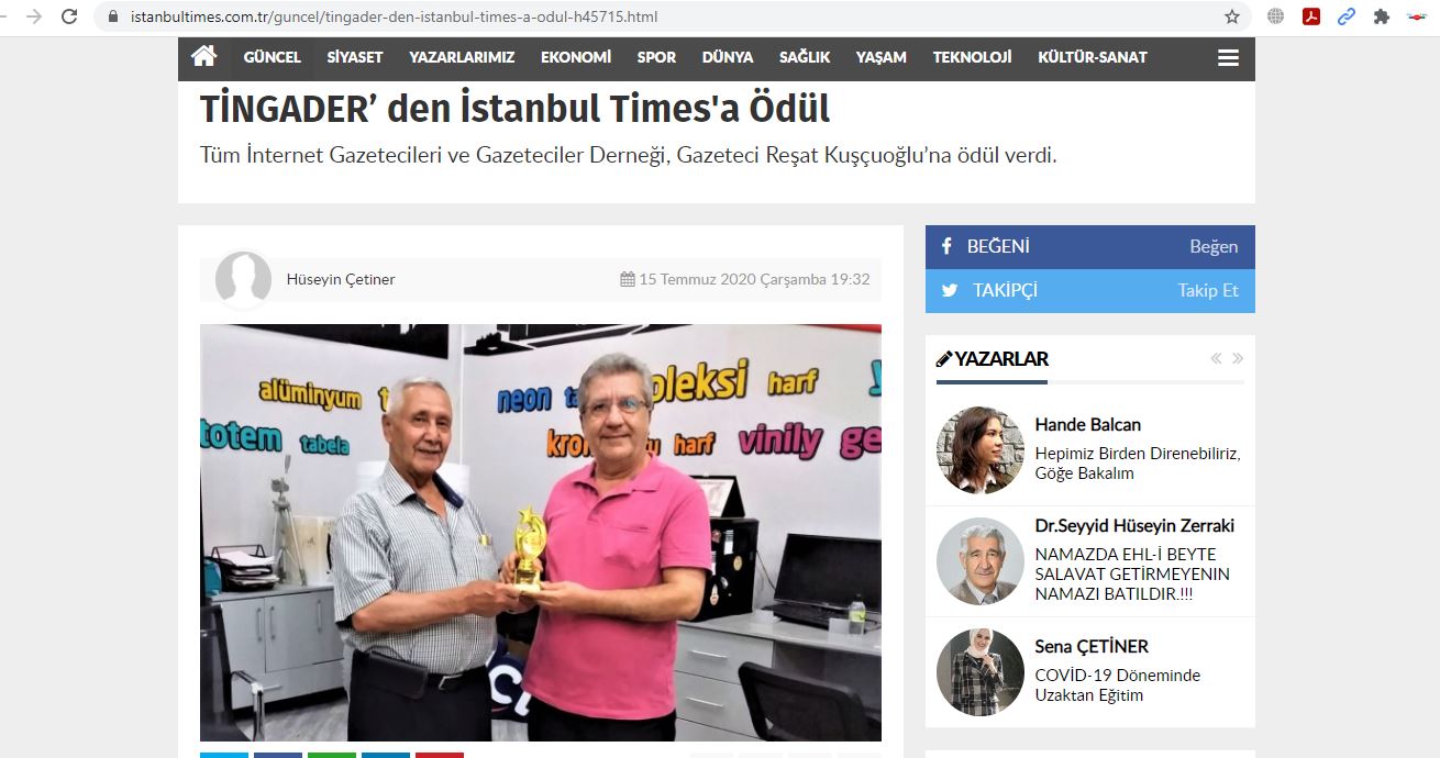 TİNGADER'den İstanbul Times'a ödül